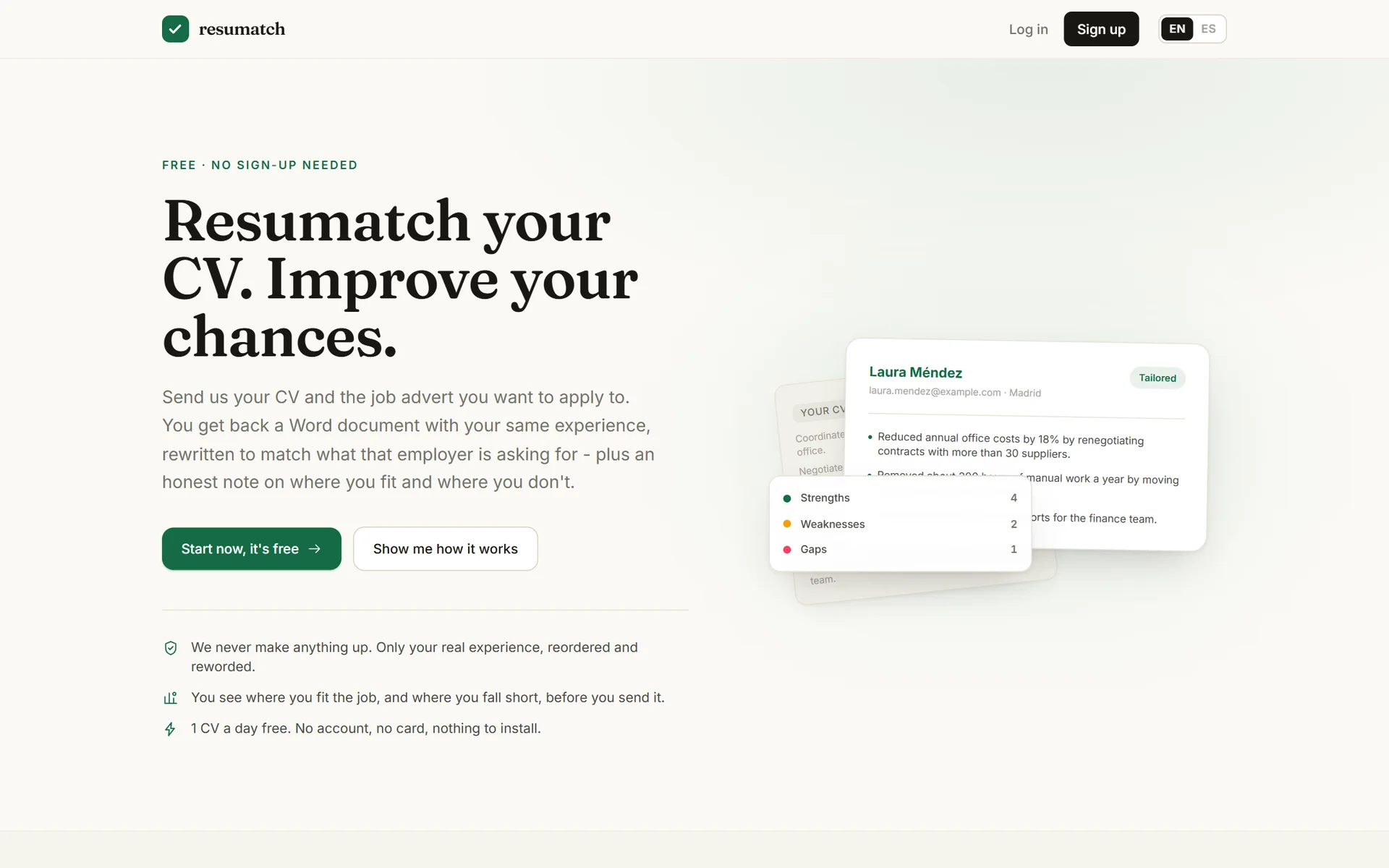 ResuMatch landing page showing an original CV next to its tailored version with strengths, weaknesses and gaps
